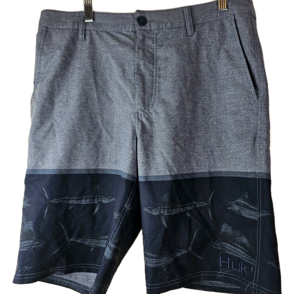 HUK Performance Hybrid Fishing‎ Shorts Mens 32 Navy Blue Marlin Sailfish Stretch